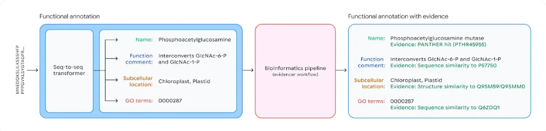 왼쪽의 파란색 상자(Functional annotation)에서 화살표가 중앙의 분홍색 상자(Bioinformatics pipeline)를 거쳐 오른쪽의 하늘색 상자(Functional annotation with evidence)로 이어지는 가로형 순서도다.