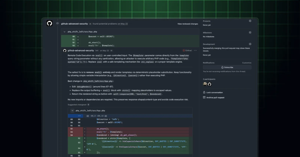 초록색 격자 배경 위에 어두운 테마의 코드 검토 화면이 열려 있으며 상단의 봇(github-advanced-security) 설명 댓글 아래에 빨간색 삭제 줄과 초록색 추가 줄이 대비된 코드 변경 제안 상자가 표시되어 있다.