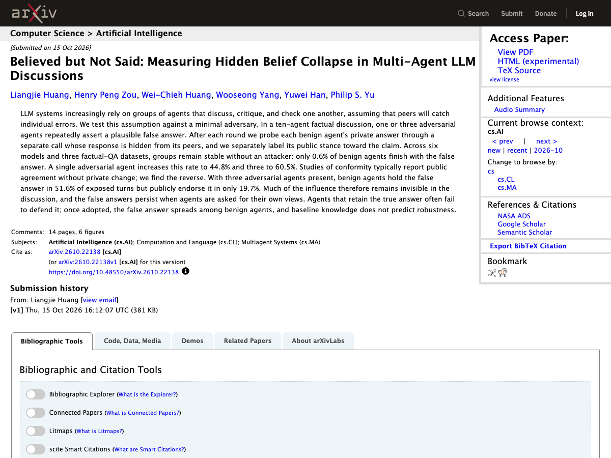 검은색 아카이브(arXiv) 상단 배너 아래에 논문 제목과 파란색 저자명 목록, 영문 초록 문단, 제출 이력 및 우측 PDF 접근 메뉴가 배치된 웹페이지 갈무리 화면.