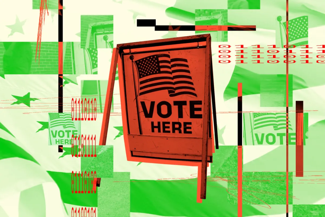초록색과 흰색 격자 배경 가운데에 성조기 그림과 'VOTE HERE' 문구가 적힌 주황색 입간판이 놓여 있고 주변에 붉은 이진수 숫자가 겹쳐 있다.